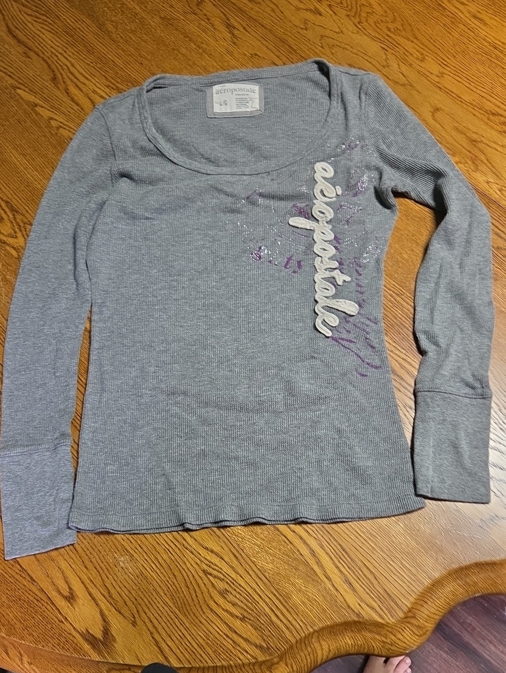 Aeropostale Heather Gray Ribbed Scoop Neck Top with Script Logo